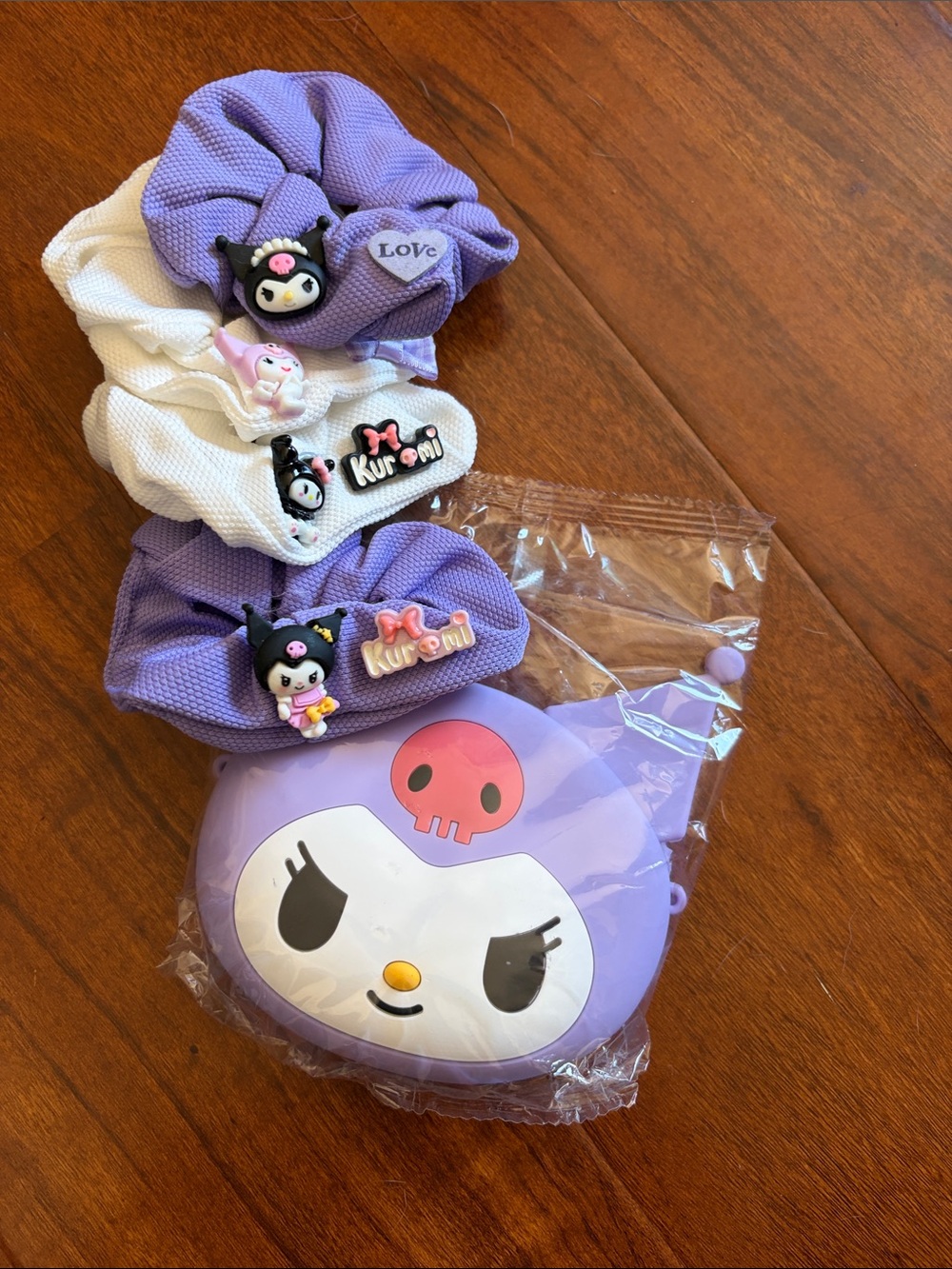 Kuromi Purple and White Hair Scrunchies with Matching Purple Coin Pouch